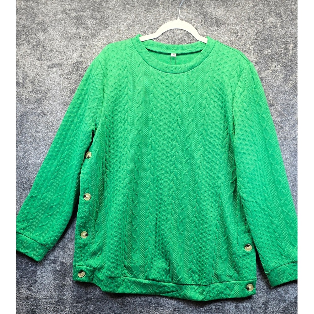 Fashion Cable Knit Textured Sweatshirt Womens 2XL Green NEW Side Button Detail‎